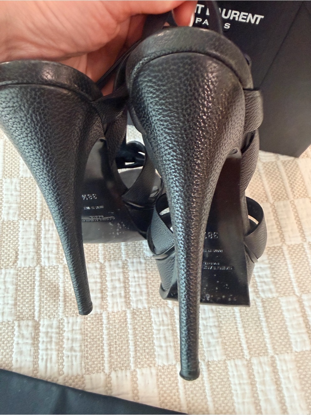 Saint Laurent Black Leather Woven T-Strap Heels with Gold Hardware - Picture 4 of 5